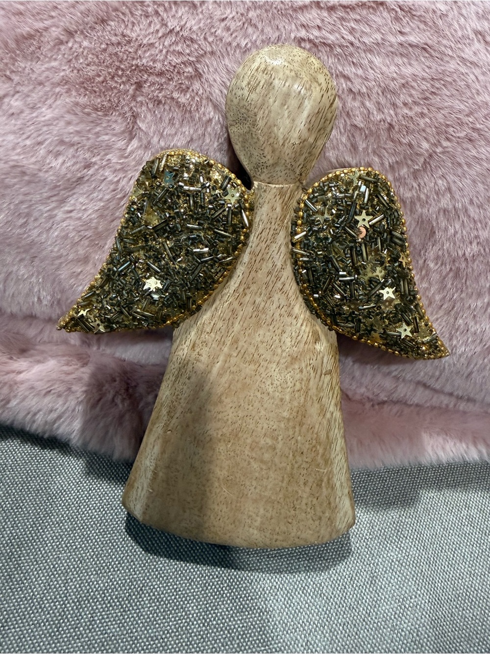 Wooden Angel Figurine with Gold Beaded Wings - Home Holiday Decor